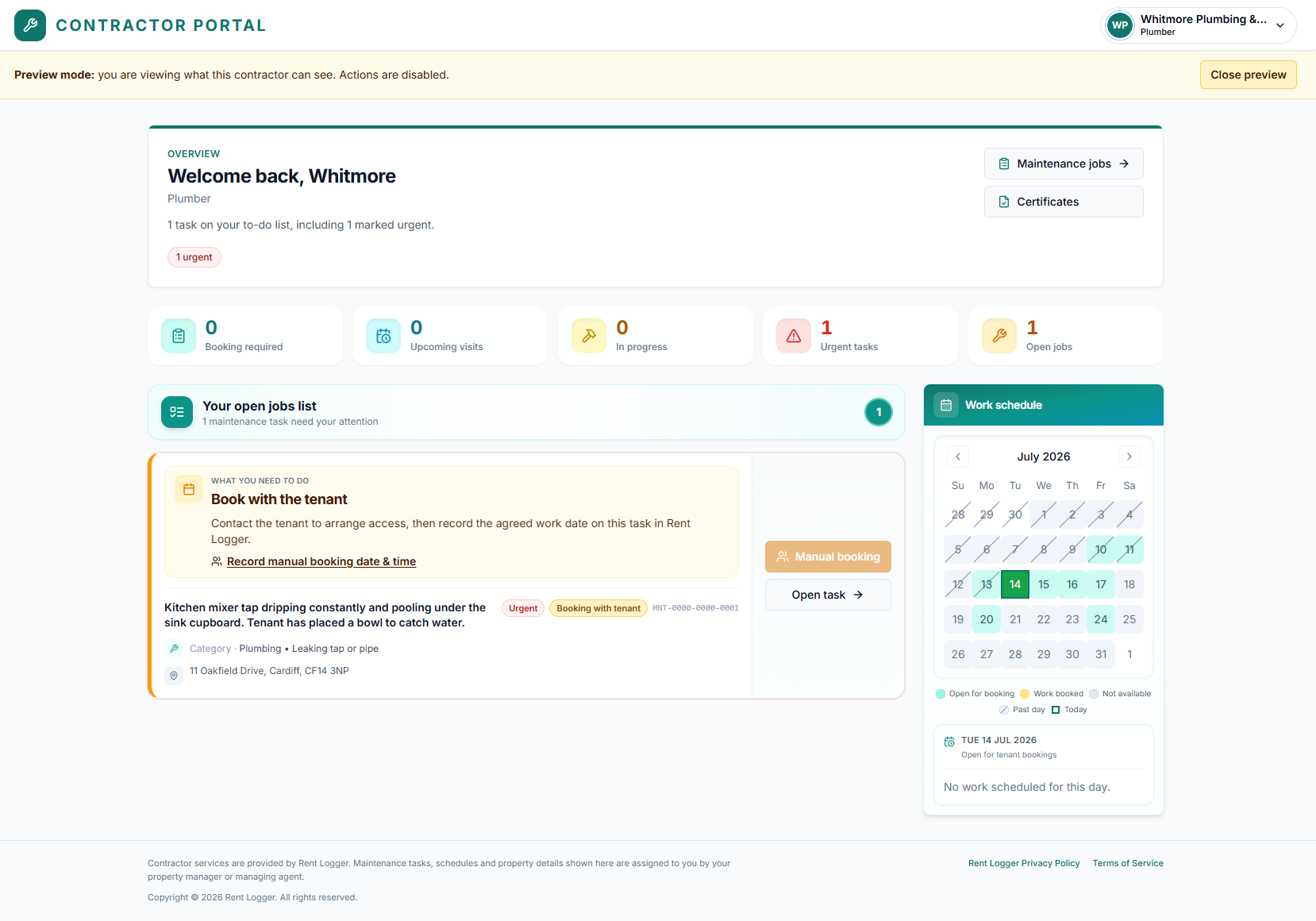 Rent Logger Contractor Portal Dashboard