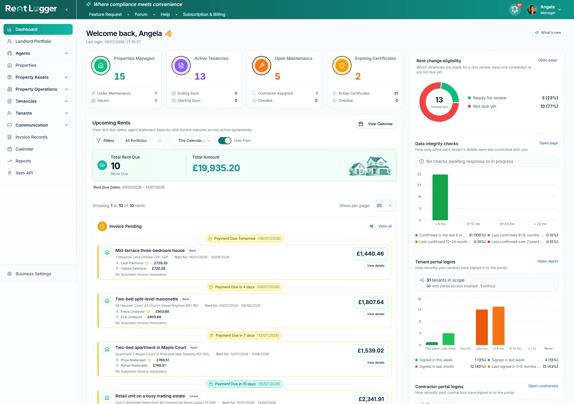 Rent Logger Landlord Dashboard showing portfolio overview