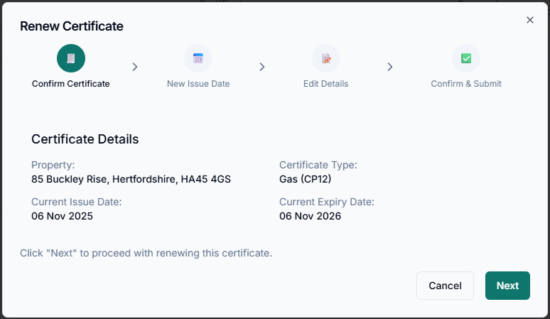 Renew Certificate wizard showing confirm certificate details step