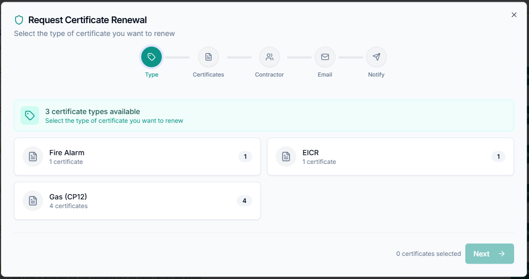 Request Certificate Renewal wizard showing certificate type selection step