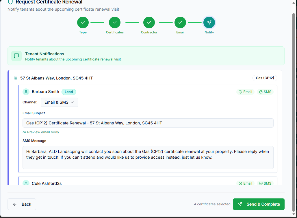 Tenant notification step showing customisable email and SMS messages per tenant