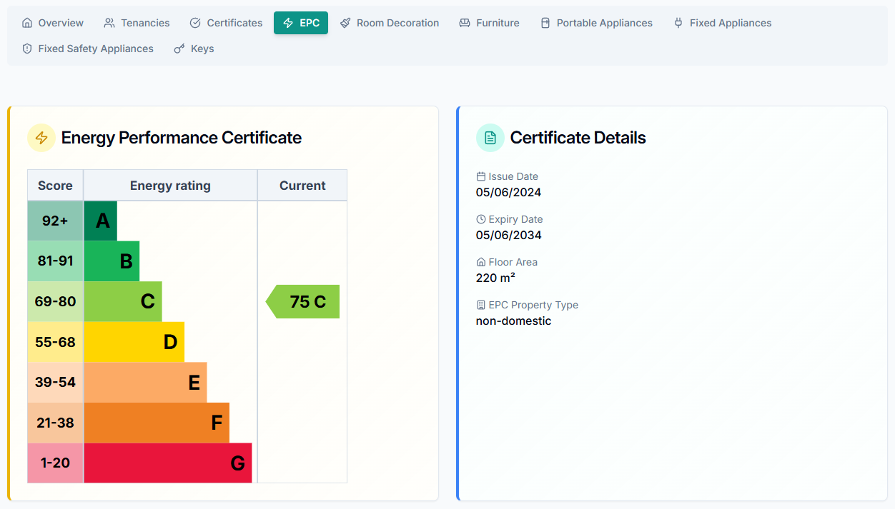 Rent Logger showing a valid commercial EPC with rating C (75), property type non-domestic, valid until 2034