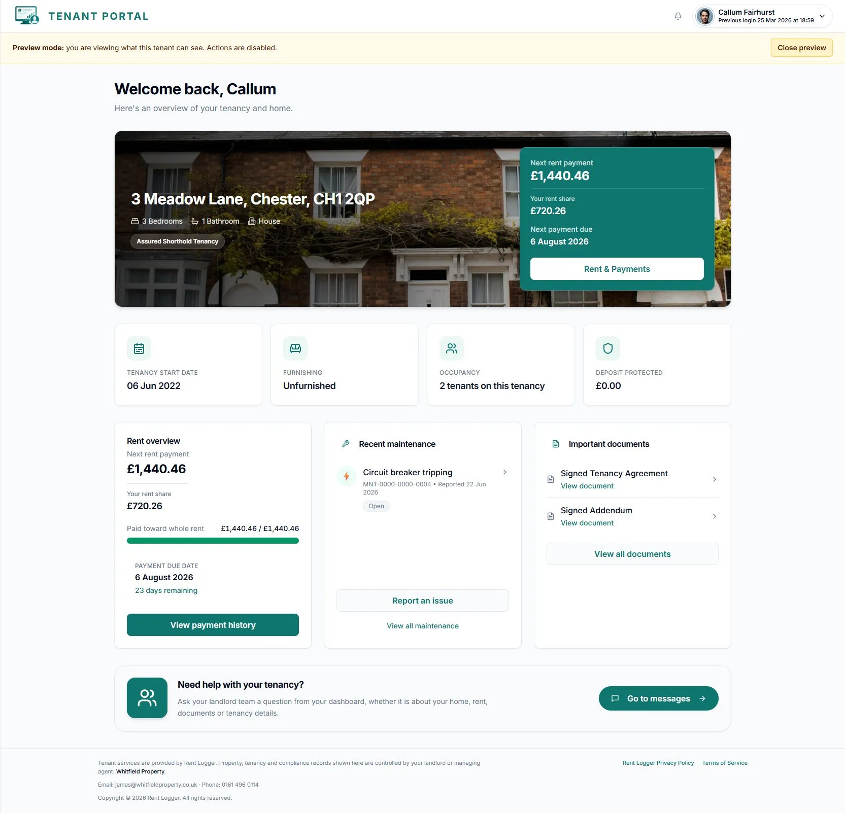 Rent Logger Tenant Portal Dashboard Screenshot
